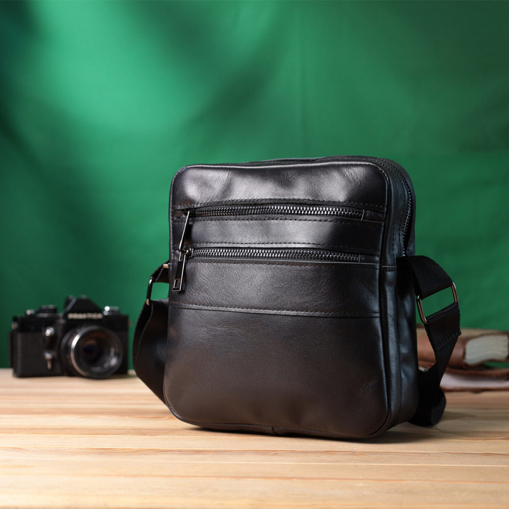 Класична чоловіча сумка месенджер із глянсової натуральної шкіри Чорна (SHVIGEL) Київ - фото 2