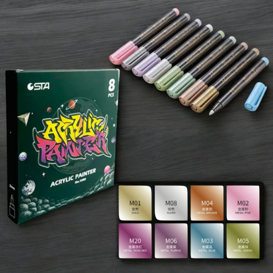 Маркери акрилові STA для малювання, преміум якість, набір 8 Metallic кольорів, універсальні для скла, дерева, ткани та кераміки Кам'янець-Подільський