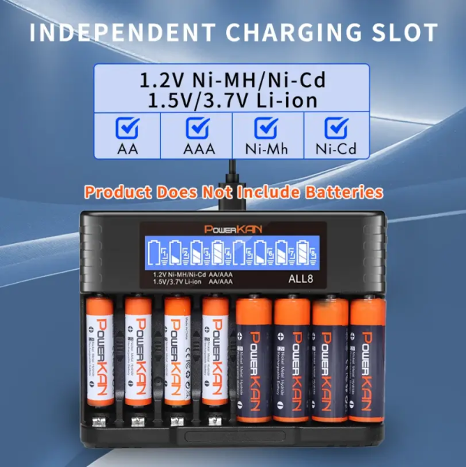 Зарядний пристрій універсальний PowerCAN ALL8 LCD Type-C для акумуляторів (Li-ion NiMH Ni-CD) AA AAA 14500 (на 8 каналів) Київ - фото 7