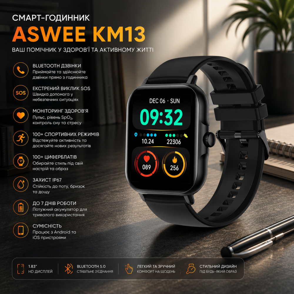 Смарт-годинник ASWEE KM13 1.83" HD Bluetooth дзвінки, SOS, SpO2, пульсометр, 100+ циферблатів, Android/iPhone Київ - фото 7