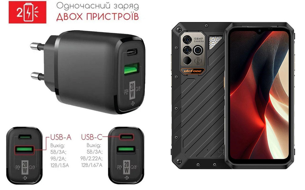 Сетевое зарядное устройство для Ulefone Power Armor 18 Ultra, 20W 3A, Quick Charge 3.0 Киев - изображение 1