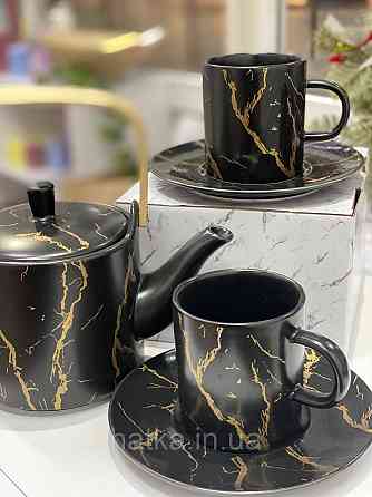 ЧАЙНИЙ НАБІР 2 ЧАШКА 2 БЛЮДЦІ "МРАМОРНА РОЗКОШИЙ" 220 мл Чорна З ЗОЛОТОМ Київ