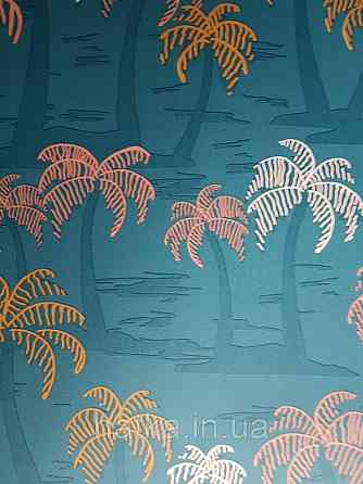 Шпалери вінілові Lutece Bensimon пальми дерева теракотові світло-рожеві на синьому Київ
