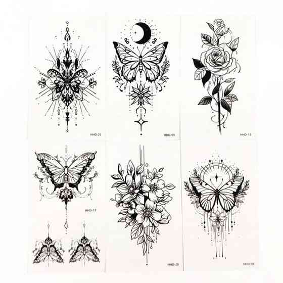 Набір тимчасових тату "Метелики та квіти №3" black-tattoo-mini-set-f03 із 6 чорних по 9,5 х 5,5 см Вінниця
