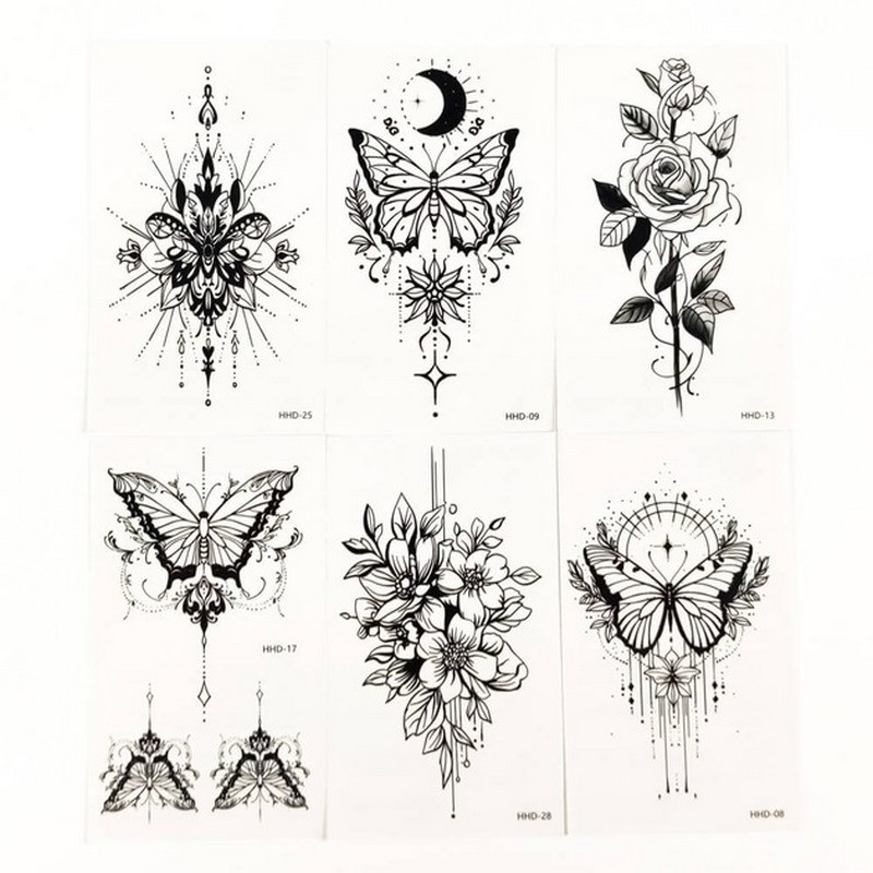 Набір тимчасових тату "Метелики та квіти №3" black-tattoo-mini-set-f03 із 6 чорних по 9,5 х 5,5 см Вінниця - фото 1