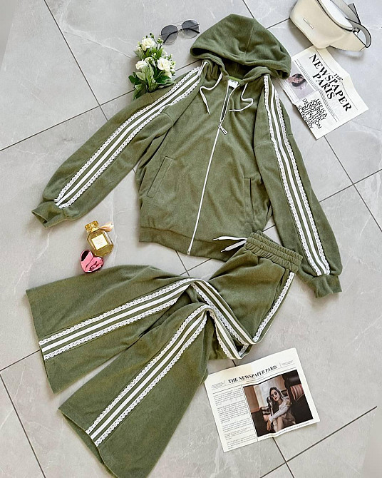 Жіночий стильний прогулянковий велюровий костюм-двійка Оливка, 48/50 Одеса - фото 1