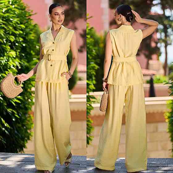 Костюм лен-котон с удлиненной блузой и брюками-палаццо, желтый, размер XL Лубны