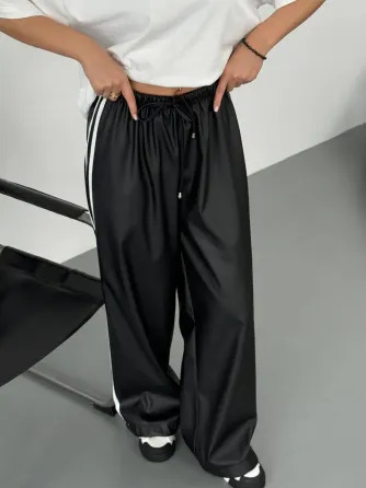 Женские теплые кожаные штаны с лампасами на флисе снизу с затяжками на флисе Харьков