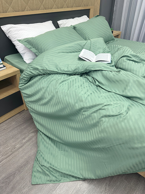 Комплект постільної білизни Страйп-сатин Євро 200х230 з простирадлом на резинці М'ятний (88-174) Київ - фото 6