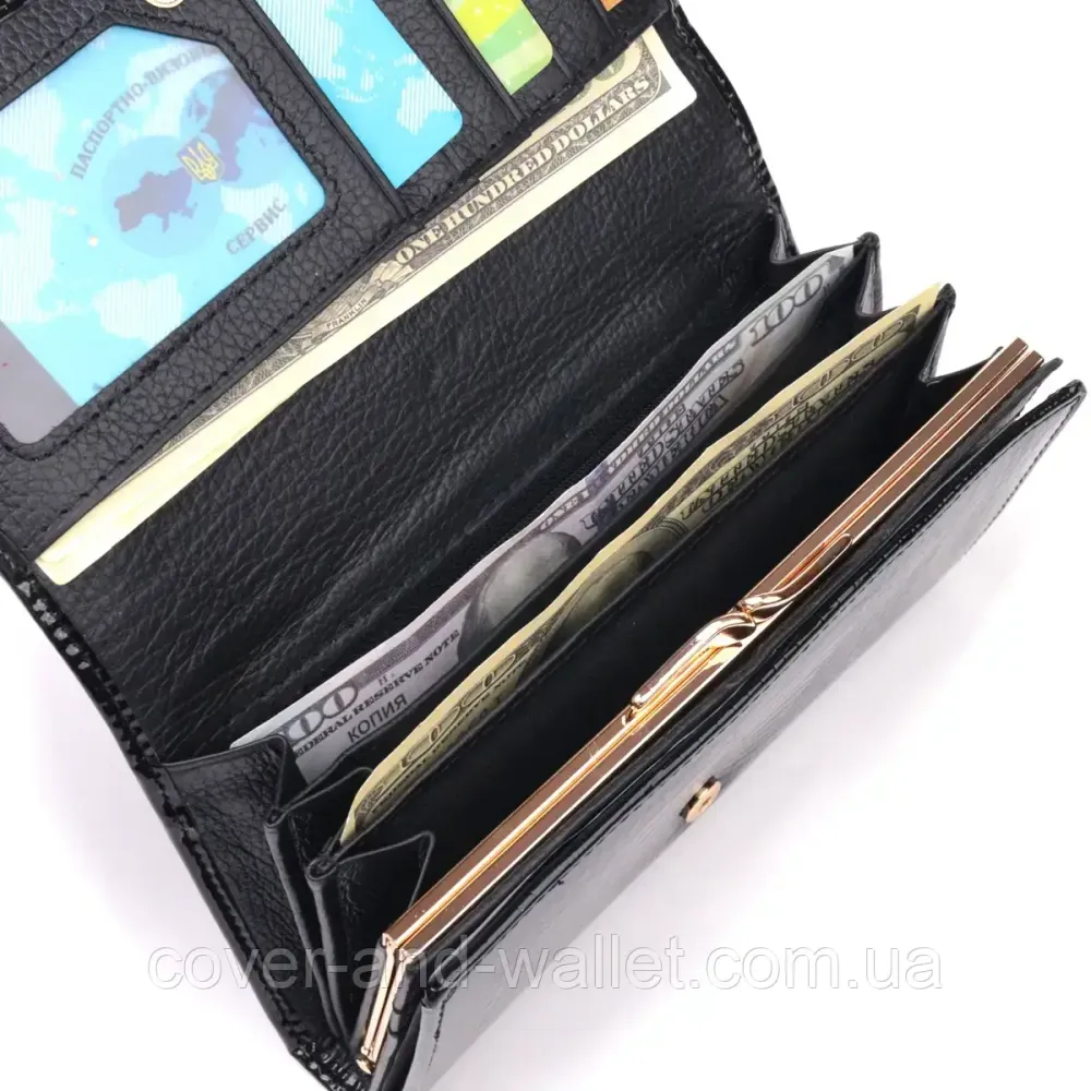 Чорний лаковий шкіряний жіночий гаманець на багато карток ST S8001A Київ - фото 3