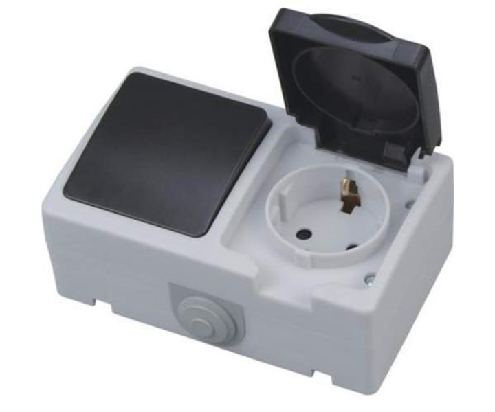 Блок розетка з кришкою + вимикач накладий сіро-чорний Харків - фото 1