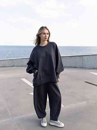 Женский оверсайз костюм: объемная кофта с трендовыми брюками бананами турецкий дабл фейс 100% хлопок Графит Одесса