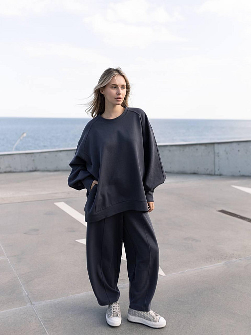 Жіночий костюм оверсайз: об'ємна кофта з трендовими штанами бананами турецький дабл фейс 100% бавовна Графіт Одеса - фото 1