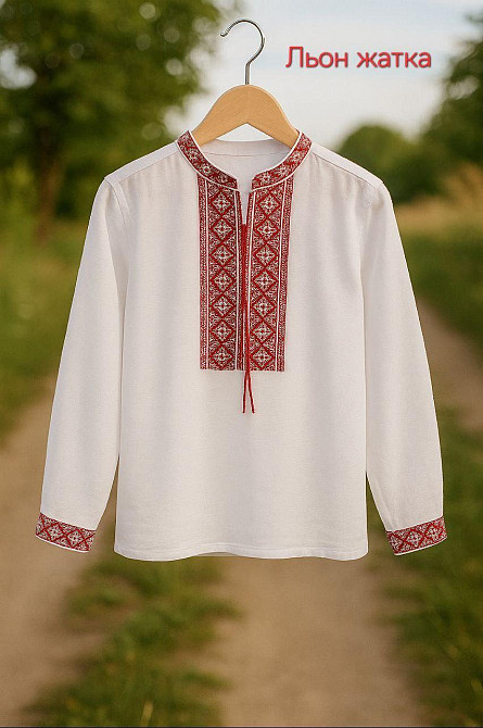 Детская вышиванка со шнурком на воротнике для мальчика лен жатка Одесса - изображение 1