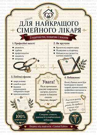 Етикетка на пляшку вина або ігристого для сімейного лікаря | Подарункова етикетка та контретикетка “Найкращому сімейному лікарю” | Одеса
