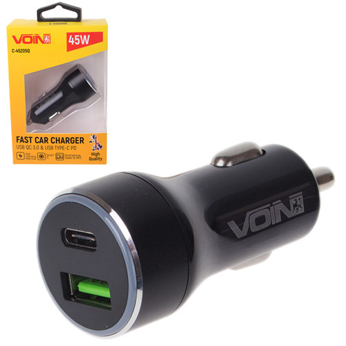 Автомобільний зарядний пристрій VOIN 45W, 1 USB QC3.0 18W + PD 27W, 12/24V Харків - фото 1