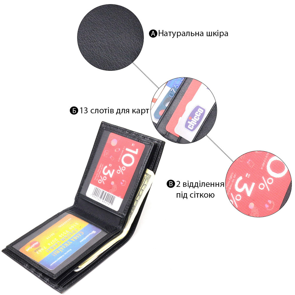 Качественный кошелек для мужчин в два сложения из натуральной гладкой кожи CANPELLINI 21579 Черный Киев - изображение 7