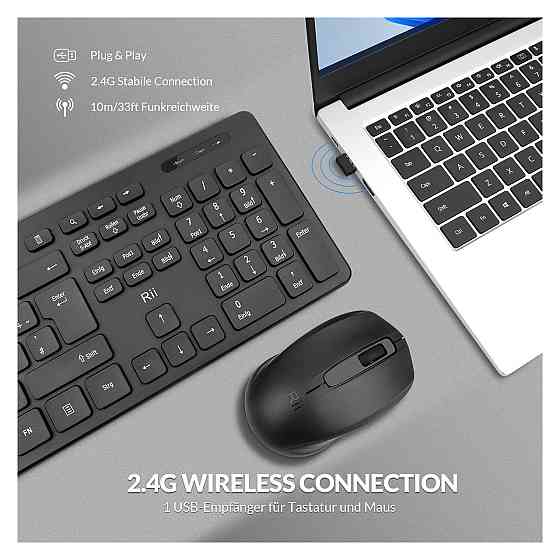 Клавіатура і миша набір Rii бездротовий 2.4G комплект QWERTZ німецька розкладка чорний безшумний Plug and Play для PC SmartTV Київ