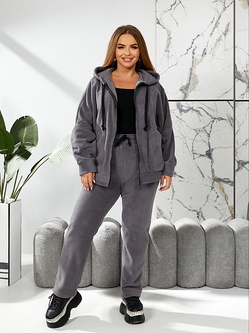 Женский теплый костюм двойка: кофта и штаны батал двусторонний флис Полар Графит, 58/60 Одесса - изображение 1