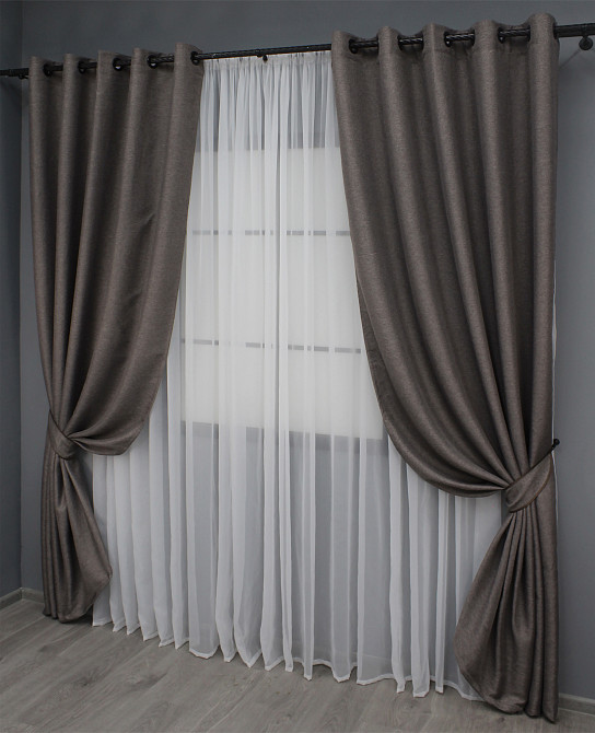 Комплект штор на люверсах VR-Textil Льон-блекаут Льон Мішковина 1160ш Сіро-коричневий 150х250см 2 шт (37-0141) Київ - фото 3