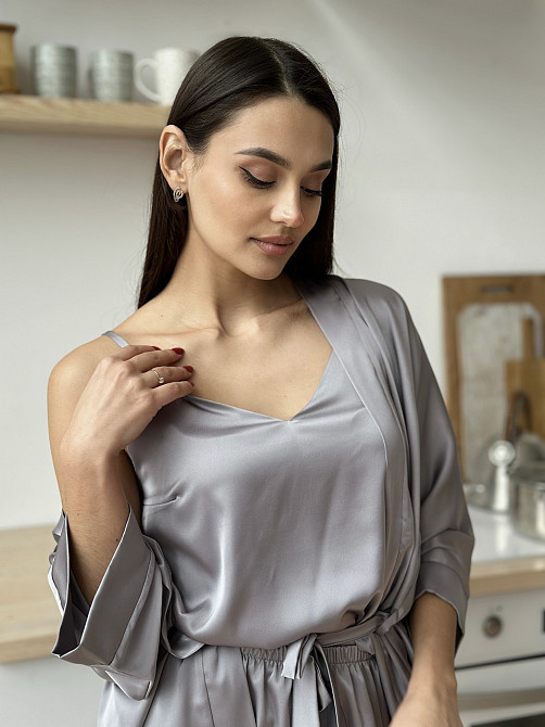 Халат жіночий сатиновий під пояс довжина 90см Сірій 3XL/4XL Харків - фото 7