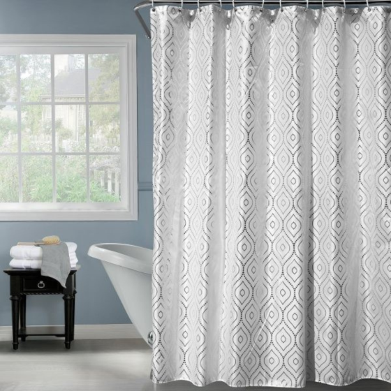 Шторка для ванной и душа 180x180 см,занавеска для ванной комнаты с крючками,белая с серебристым узором Каменец-Подольский