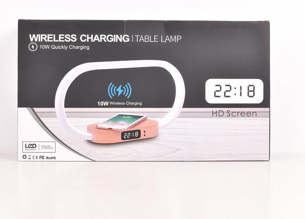 Настільна лампа Wanjiaone з годинником, LED, димером, 10W бездротова зарядка, USB, біло-дерев’яна Київ - фото 7