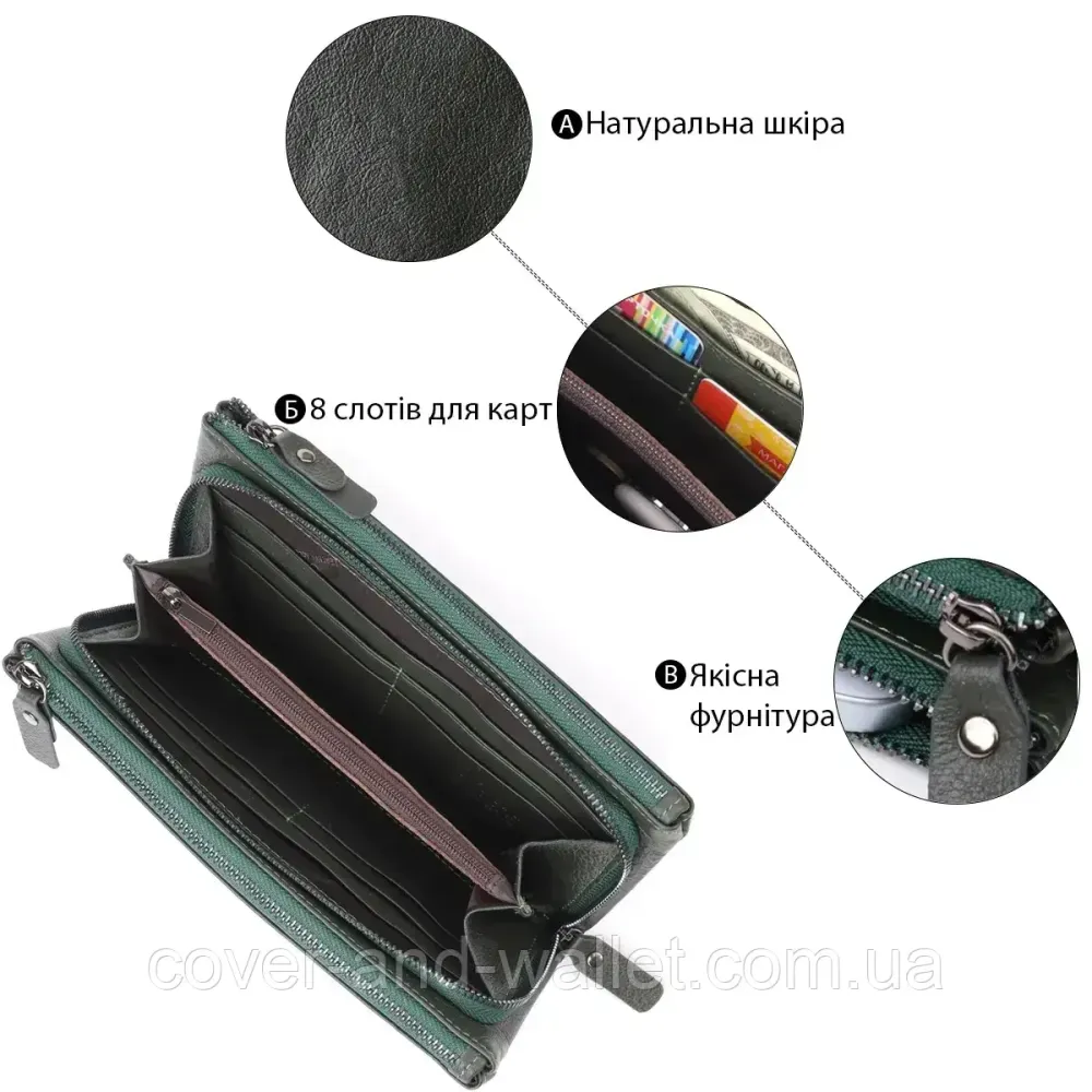 Жіночий шкіряний гаманець-клатч на три відділення зеленого кольору ST 022-1 Київ - фото 7