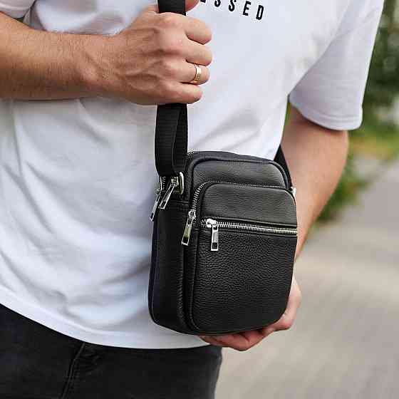 Мужская кожаная борсетка 21х17х7, сумка для города, компактный мессенджер для ежедневного использования, черная Киев