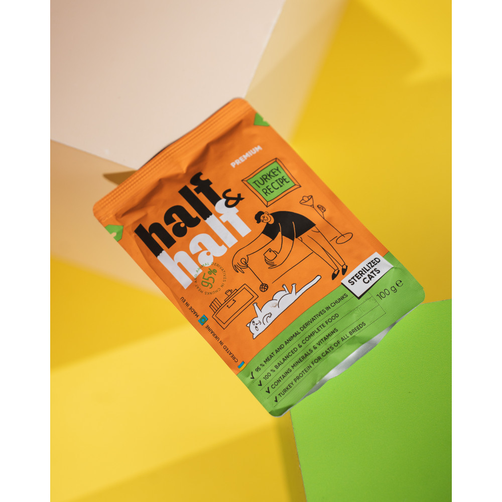 Корм влажный Half&Half для стерилизованных кошек, кусочки с индейкой в желе в форме пауча, 100 г Винница - изображение 3