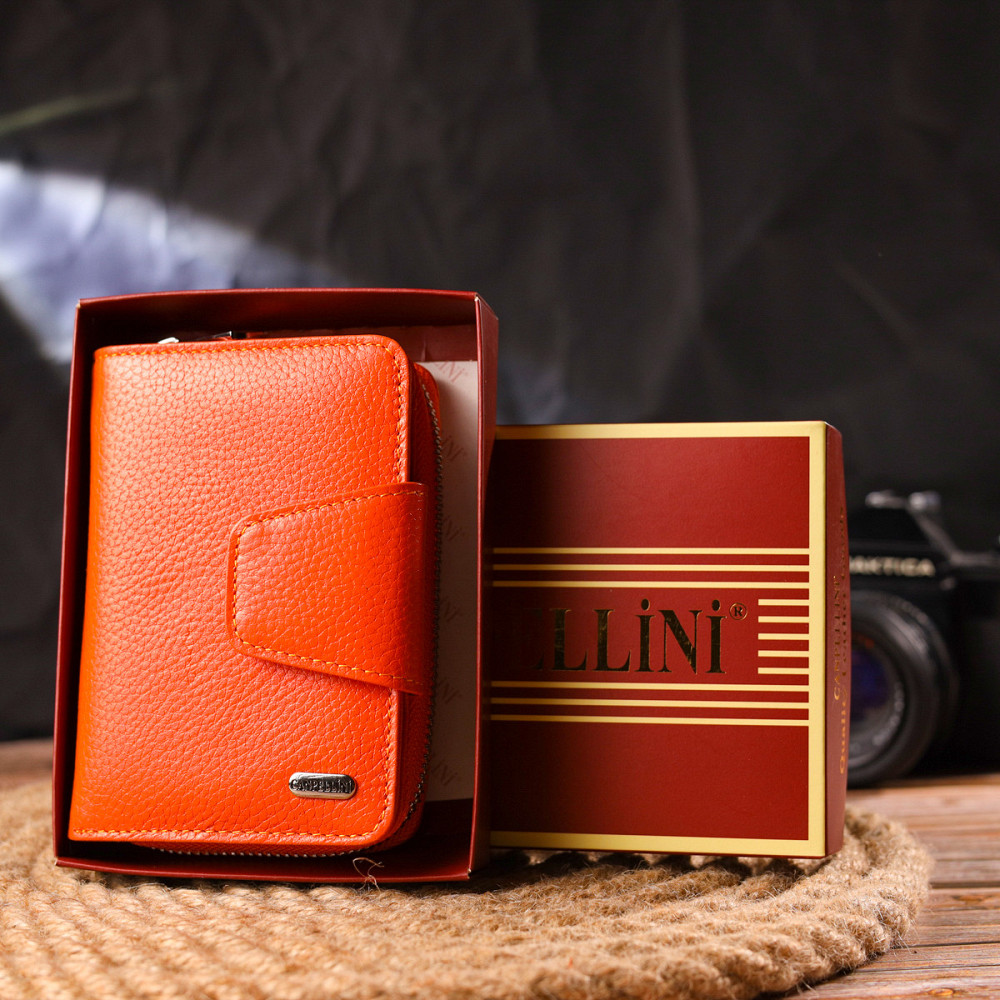 Яскраве вертикальне портмоне для жінок із монетницею на блискавці з натуральної шкіри флотар Помаранчеве (CANPELLINI) Київ - фото 4