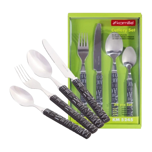 Набір столових приборів 24 предмети пластикові ручки чорний 5245 KAMILLE Житомир - фото 1