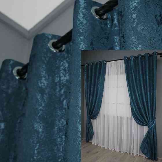 Комплект штор на люверсах VR-Textil Льон мармур Pavliani № 1365ш 150х250 см 2 шт Синій (37-0050) Київ