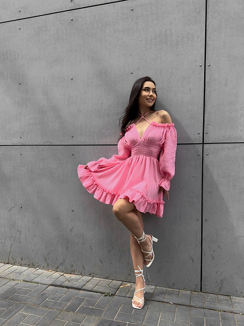 Женское летнее романтичное мини платье натуральный муслин Персик, 46/48 Одесса - изображение 3