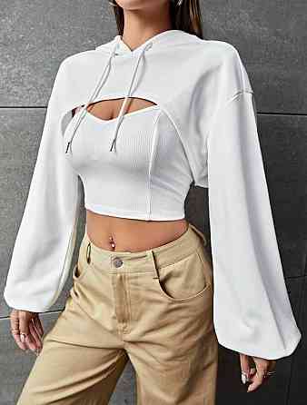 Жіночий стильний комплект оверсайз: топ і накидка з капюшоном двонитка + рубчик Білий Одеса