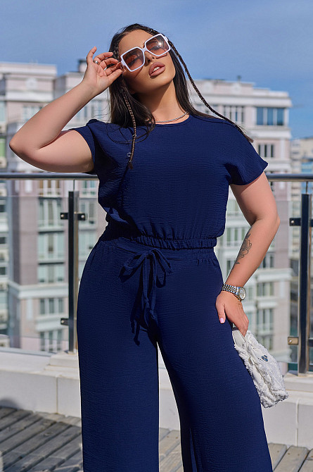 Літній жіночий костюм із жатки "Oasis" оптом | Норма Темно-синій, 42-44 Київ - фото 1