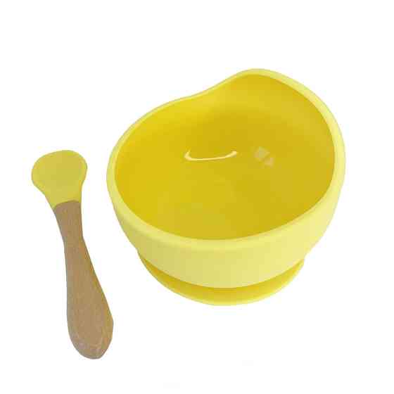 Силіконова тарілка на присосці з дерев'яною ложкою MGZ-0103(Yellow) 300 мл Вінниця