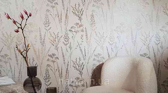 Шпалери вінілові на флізеліні Grandeco Universe 5 гілки листя квіти польові бронза срібло на бежевому Київ