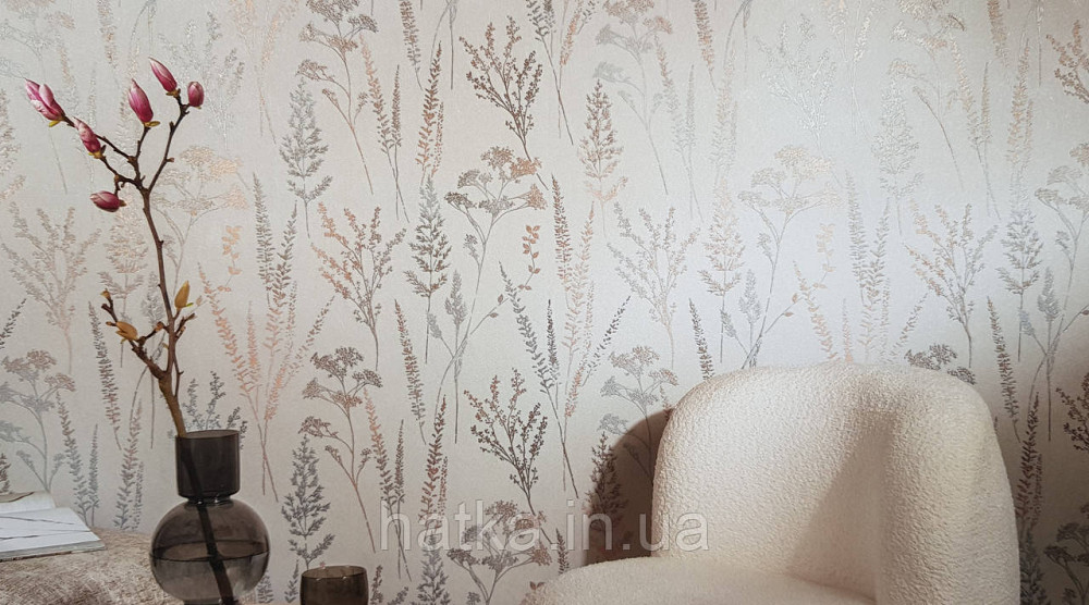 Обои виниловые на флизелине Grandeco Universe 5 ветки листья цветы полевые бронза серебро на бежевом Киев - изображение 2