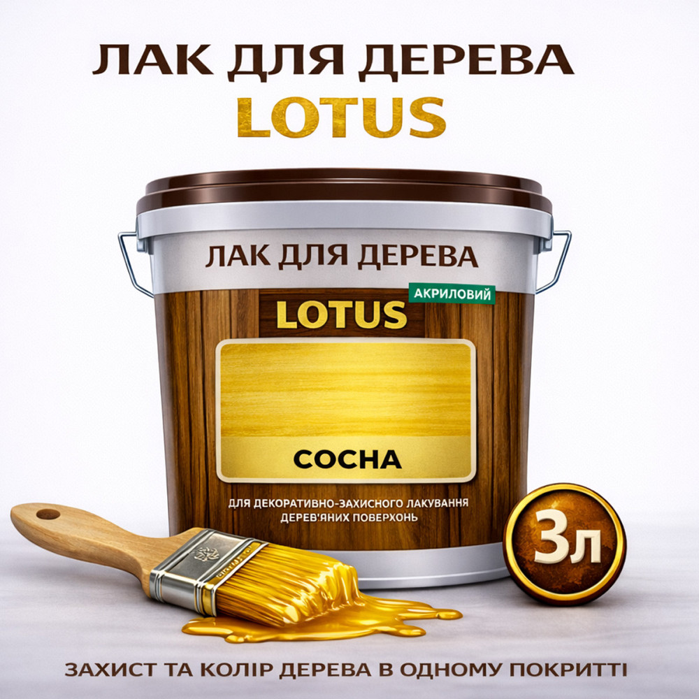 Лак для дерева кольоровий LOTUS Сосна, глянцевий, без запаху, зносостійкий, для внутрішніх та зовнішніх робіт, 3 л Харків - фото 1