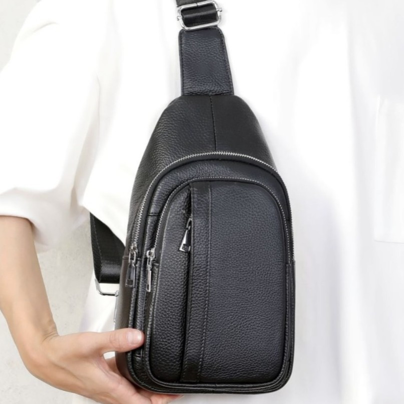 Чоловіча шкіряна сумка-бананка TIDING BAG чорна Киев - изображение 2