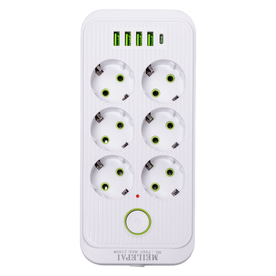 Yiwu Мережевий фільтр 5 м подовжувач F06U на 6 розеток 4 USB 1 Type-C та кнопкою відключення Бі Коломия