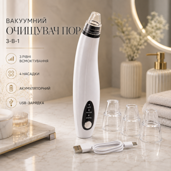 Вакуумный очиститель пор 3-в-1 от черных точек, аккумуляторный, регулировка всасывания, 4 насадки Киев