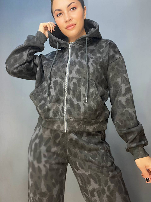 Костюм жіночий A-N 2762 утеплений худі на блискавці з брюками леопардовий графіт, графіт, L Київ - фото 9