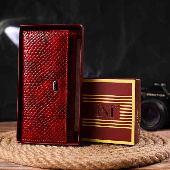 Превосходный женский кошелек из натуральной лакированной кожи с тиснением под змею Красный (CANPELLINI) Киев