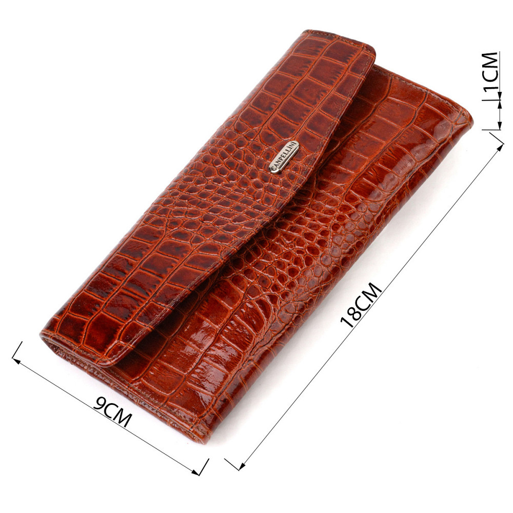 Женское портмоне из лакированной натуральной кожи с тиснением под крокодила CANPELLINI 21704 Коричневое Киев - изображение 3