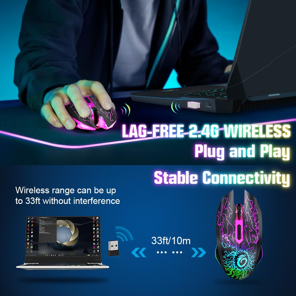 Беспроводная игровая мышь VersionTECH 2.4G, 6 кнопок, 800–1600 DPI, RGB-подсветка, аккумуляторная, черная Киев - изображение 4