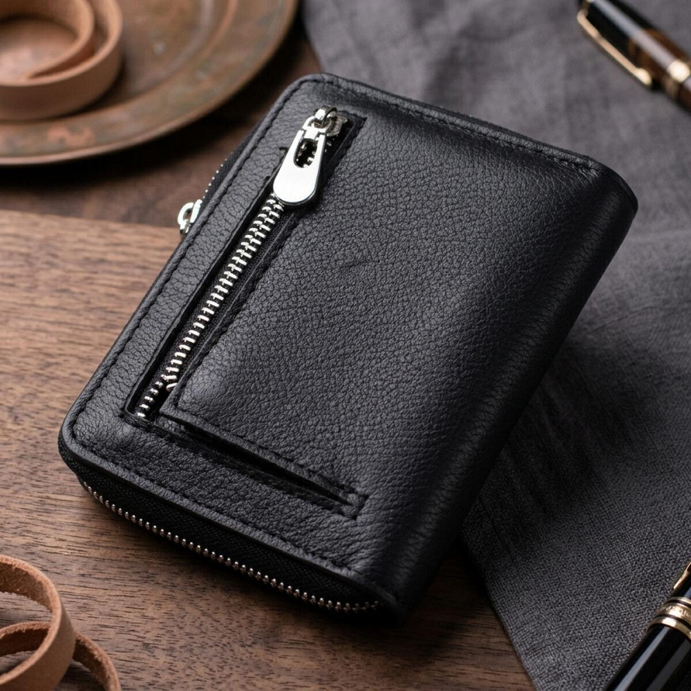 Шкіряний гаманець для жінок на блискавці з тисненим логотипом ST Leather 19489 Чорний Київ - фото 13