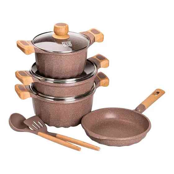 Набор посуды,3 кастрюли,толстодонное алюминиевое дно MGC с лопаткой и половником,кофейный HP-4-401CO SBR Киев