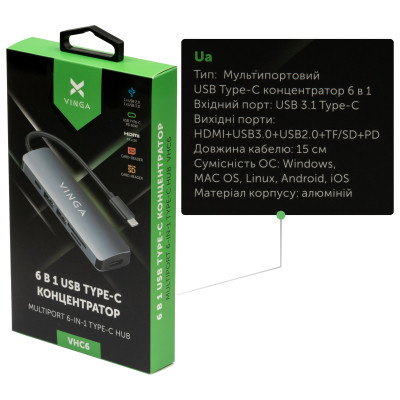 Концентратор Vinga USB Type-C 3.1 to HDMI+USB3.0+USB 2.0+SD/microSD+PD 6in1 (VHC6) Вінниця - фото 4